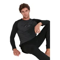 Male Plain Thin Knitted T-shirt-trousers Pajama Set