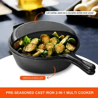 26CM Frying Pan, 3 Quart Skillet + Lid Set, Pre-seasoned Cast Iron 2-in-1 Multi Cooker