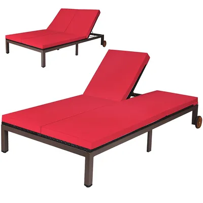 2-person Patio Rattan Lounge Chair Chaise Recliner Adjustable Cushioned Red