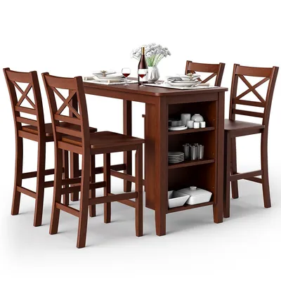 5pcs Counter Height Pub Dining Table Set W/ Storage Shelves&4 Bar Chairs