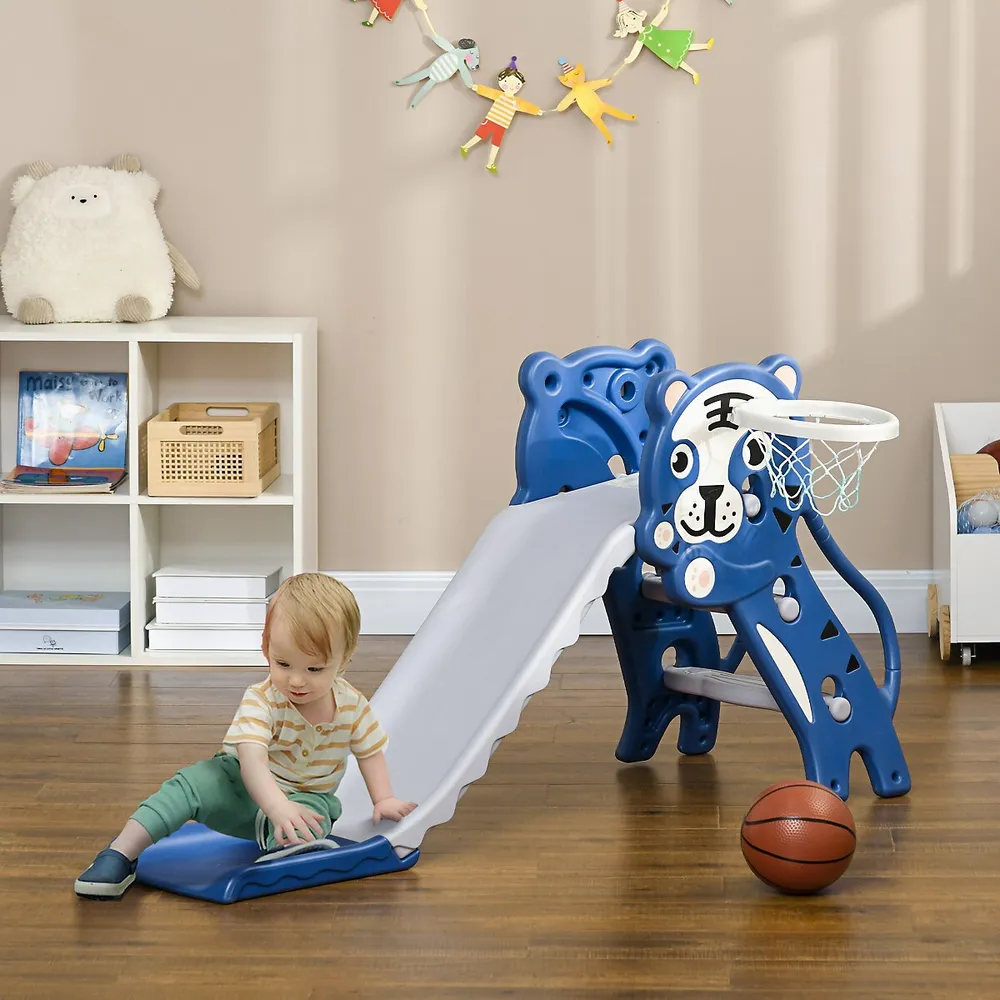 2 In 1 Toddler Slide For Indoor With Basketball Hoop