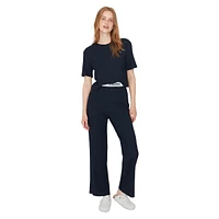 Women Motto Elastic Waist Detailed Medium Knitted T-shirt-trousers Pajama Set