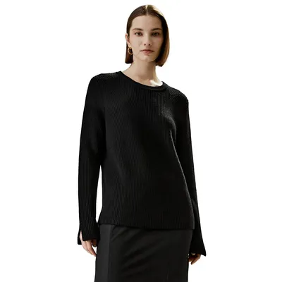 Merino Wool Ribbed Slit Cuff Sweater For Women
