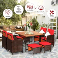 9pcs Patio Rattan Dining Set Cushioned Chairs Ottoman Wood Table Top Outdoor
