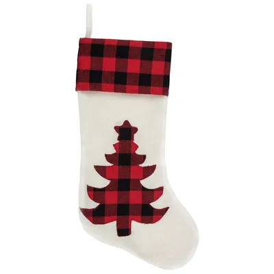 20" Cream White, Red, And Black Buffalo Plaid Tree Christmas Stocking