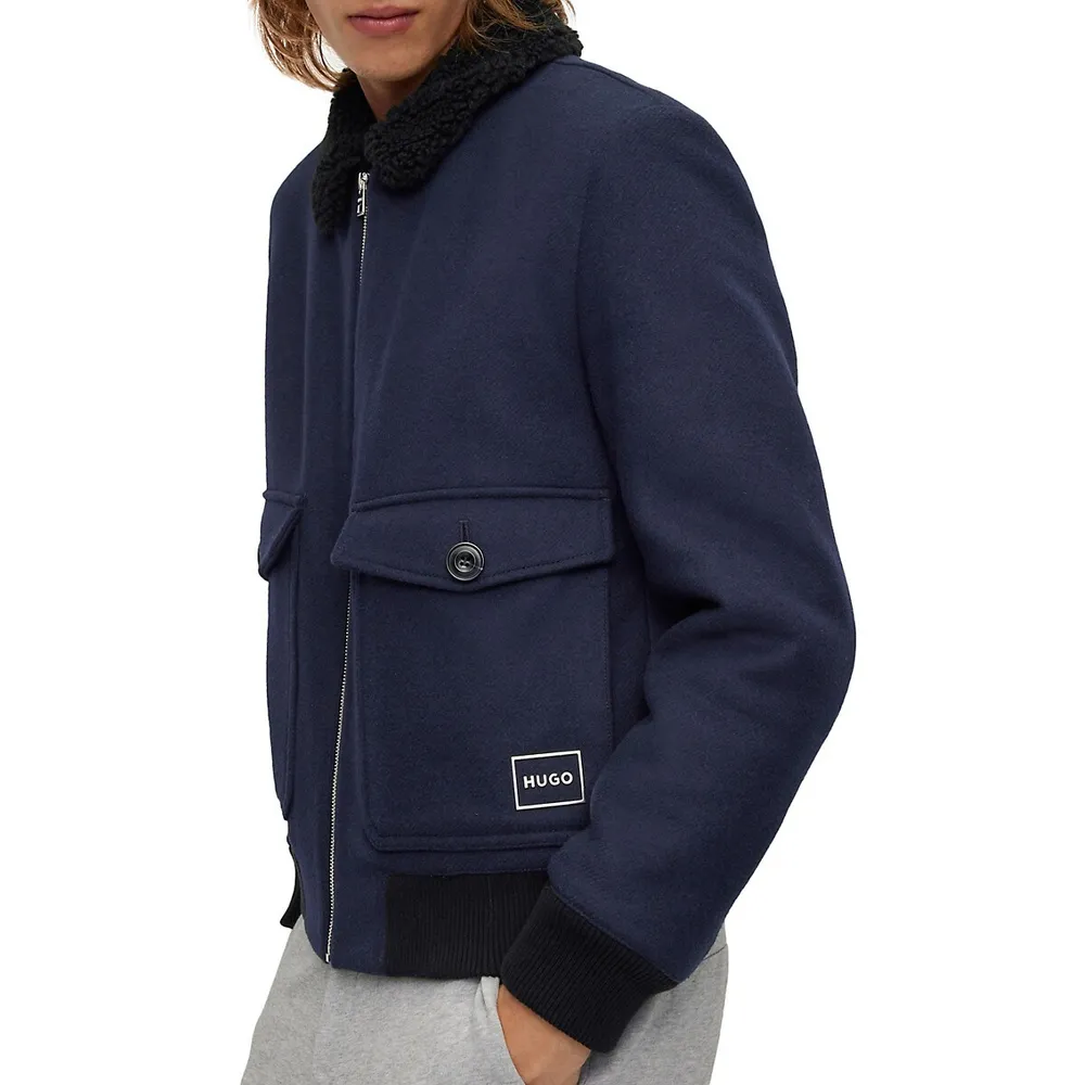 Teddy Collar Zipper Front Wool-Blend Jacket