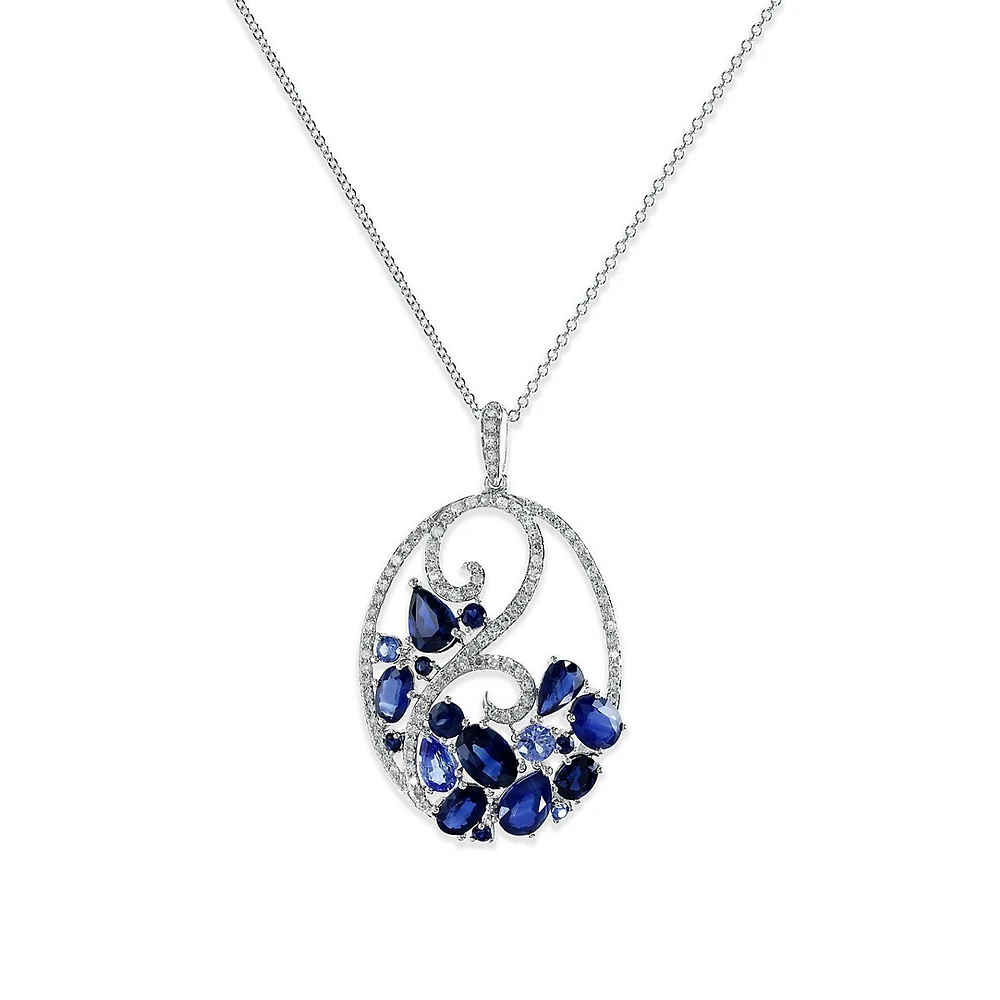 Collier à pendentif en or blanc 14 K avec saphirs de Ceylan et diamants de 0,35 ct PT