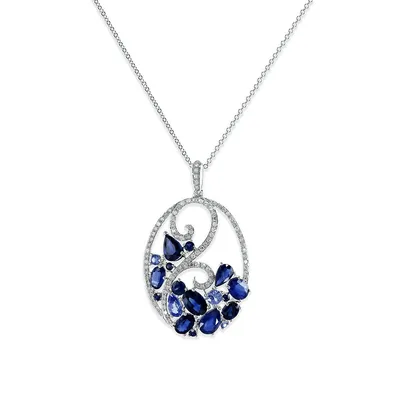 14K White Gold Pendant Necklace with Ceylon Sapphire and 0.35 CT. T.W. Diamonds