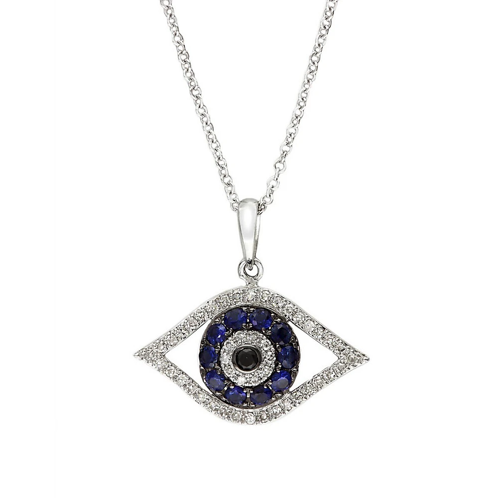 14K White Gold White And Black Diamond And Sapphire Pendant