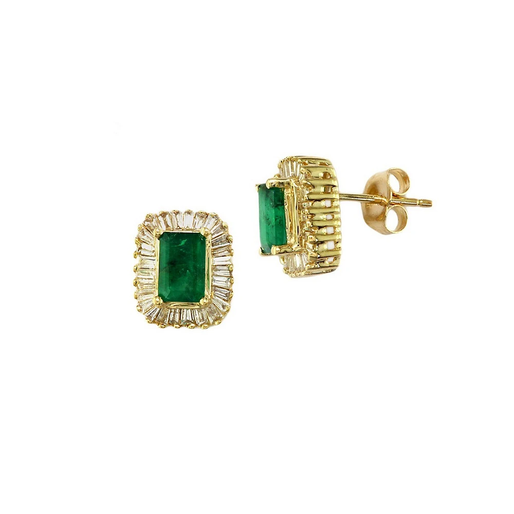 14K Yellow Gold, 0.58 CT. T.W. Emerald & Diamond Stud Earrings