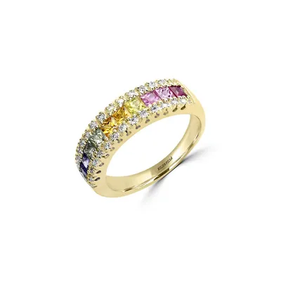 14K Yellow Gold , 0.13 CT. T.W. Diamond, & Multi Sapphire Ring