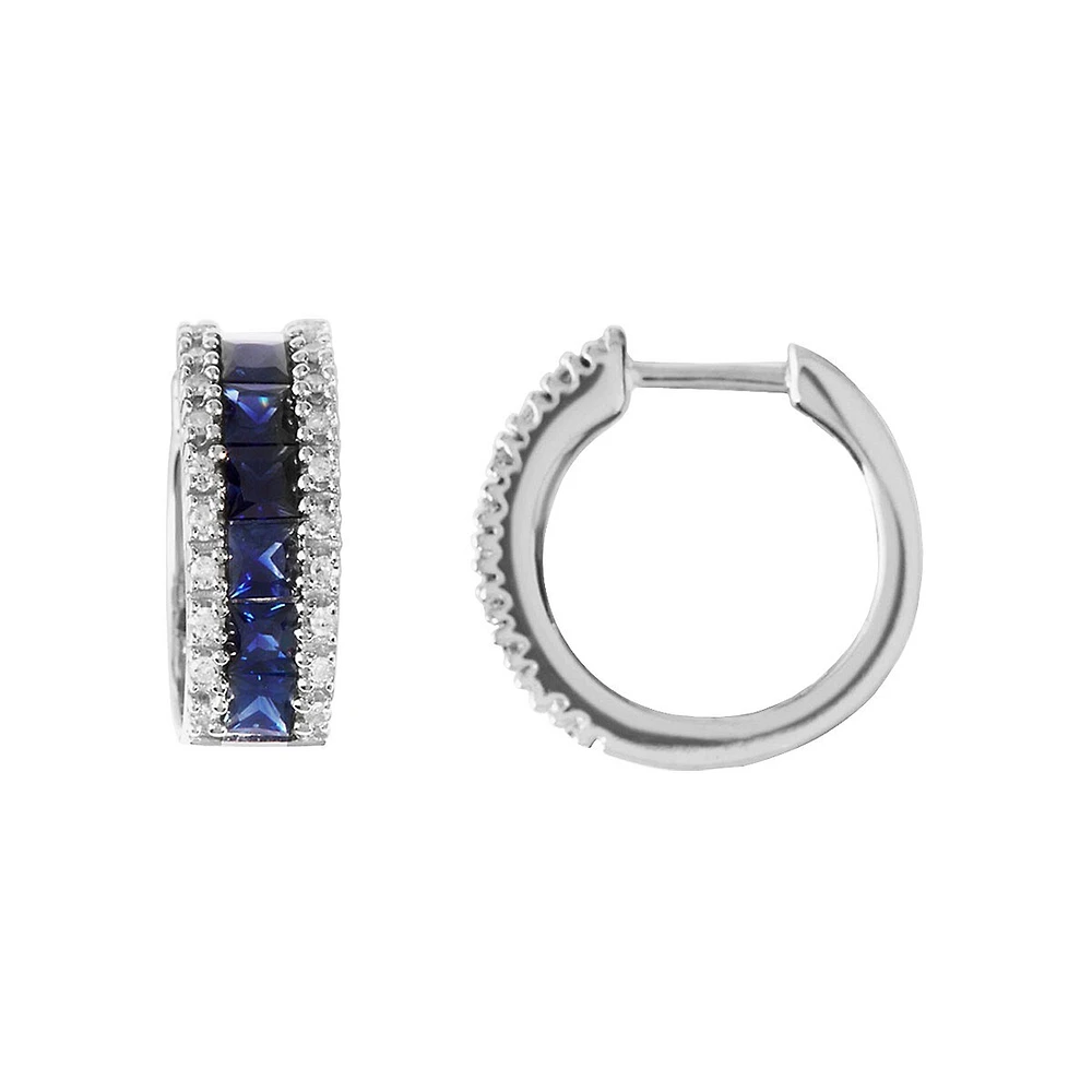 14K White Gold, Sapphire & 0.16 CT. T.W. Diamond Hoop Earrings