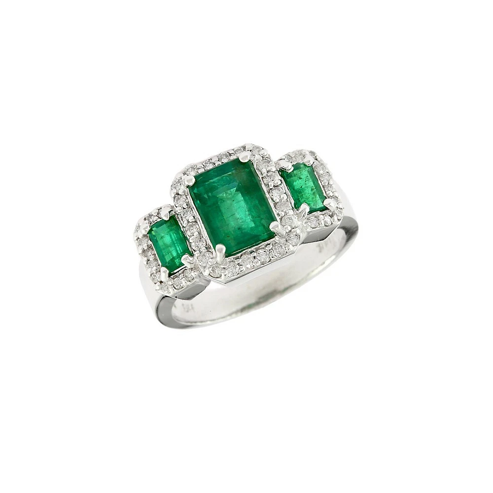 14K White Gold Diamond Emerald Ring