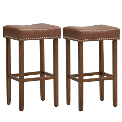 29.5" Wood Frame Pu Leather Upholstered Bar Stools Set Of 2 With Footrests