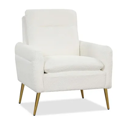 Modern Accent Chair Upholstered Sherpa Armchair W/ Tapered Metal Legs White