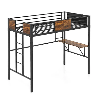 Twin Size Metal Loft Bed With Desk Storage Shelf Ladder Space Saving Industrial