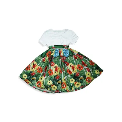 Girl's Cactus Print Flared Party Dress