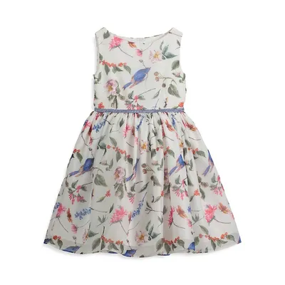Little Girl's Pleated Bird Print Dress