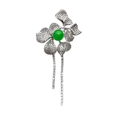 Green Chalcedony Jade And Crystal Flower Fringe Brooch