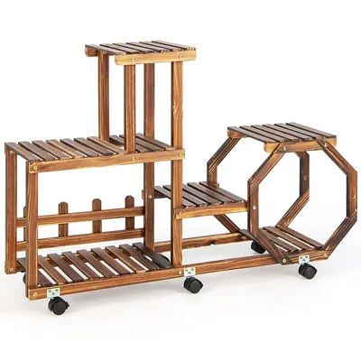 tier Potted Rolling Plant Stand Wooden Storage Display Shelf Rack With Wheels