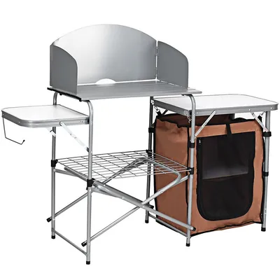 Costway Foldable Camping Table Outdoor Bbq Portable Grilling Stand W/ Windscreen Bag