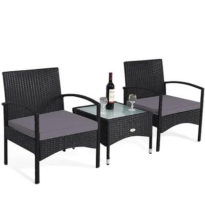 3 Pcs Patio Wicker Rattan Furniture Set Coffee Table & 2 Chair W/cushion