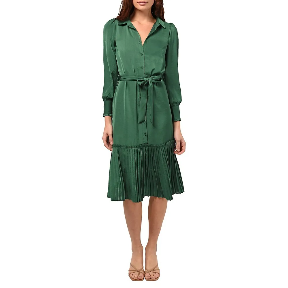 Margie Satin Pleated-Hem Midi Shirt Dress