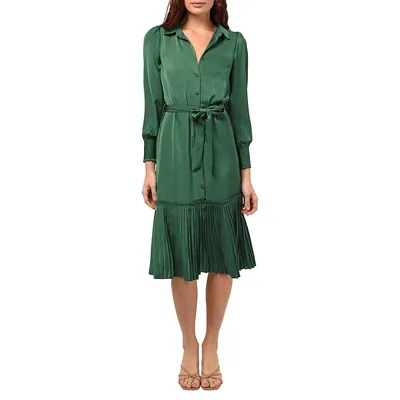 Margie Satin Pleated-Hem Midi Shirt Dress