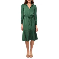 Margie Satin Pleated-Hem Midi Shirt Dress