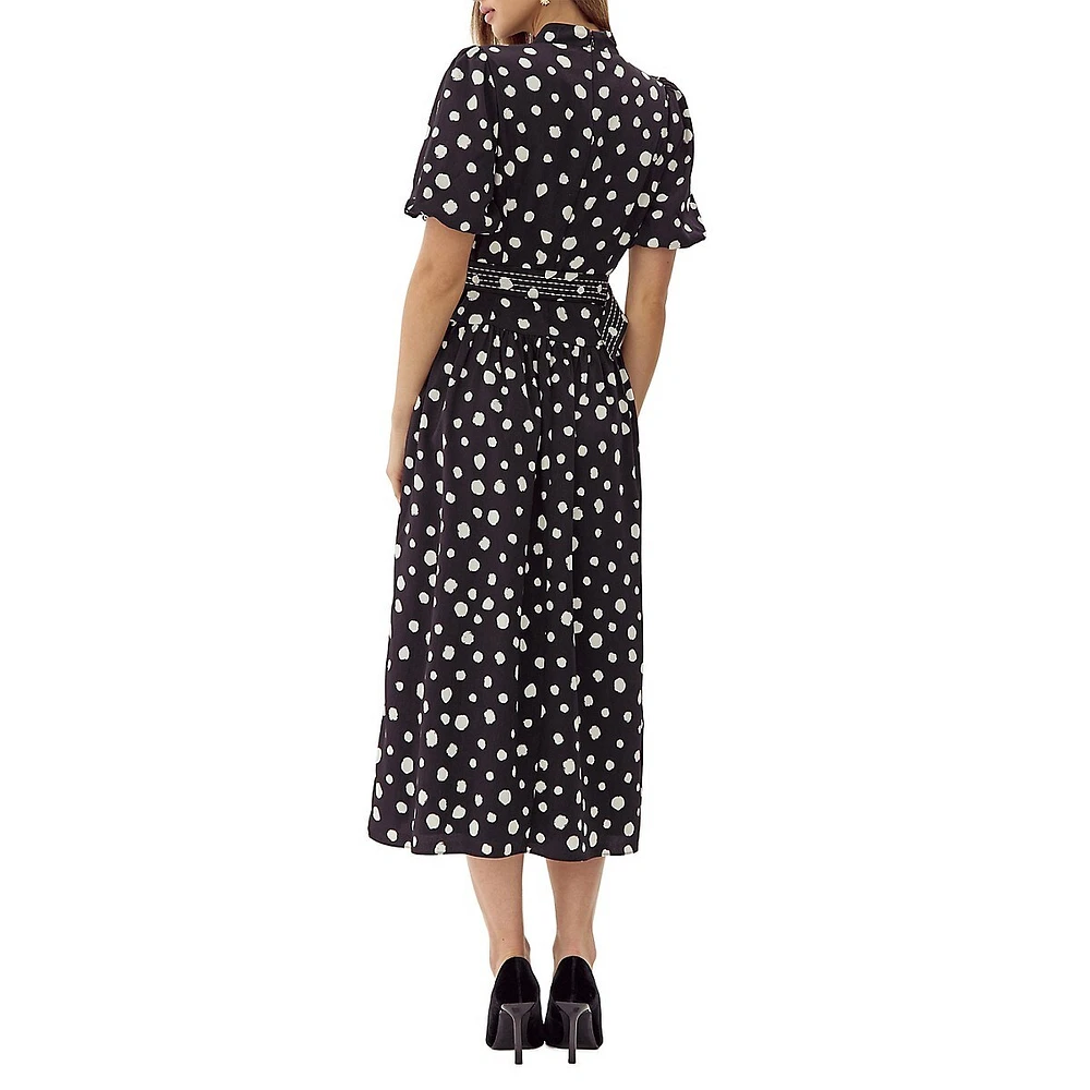 Darlene Dot-Print Belted Midi Dress