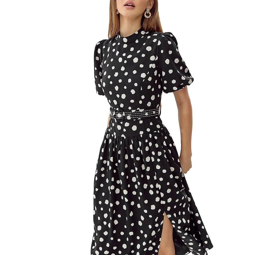 Darlene Dot-Print Belted Midi Dress