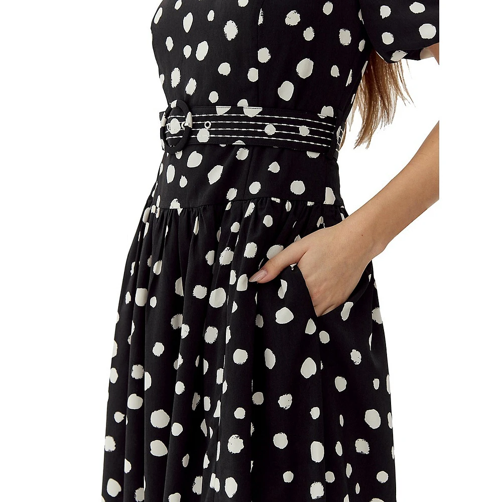 Darlene Dot-Print Belted Midi Dress