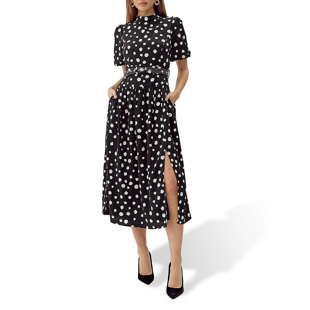 Darlene Dot-Print Belted Midi Dress