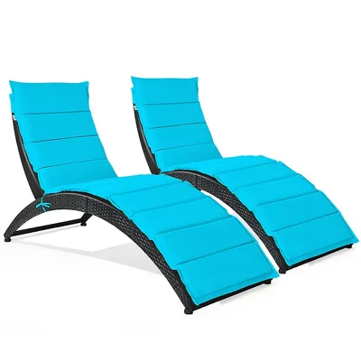2pcs Folding Patio Rattan Lounge Chair Chaise Cushioned Portable Garden