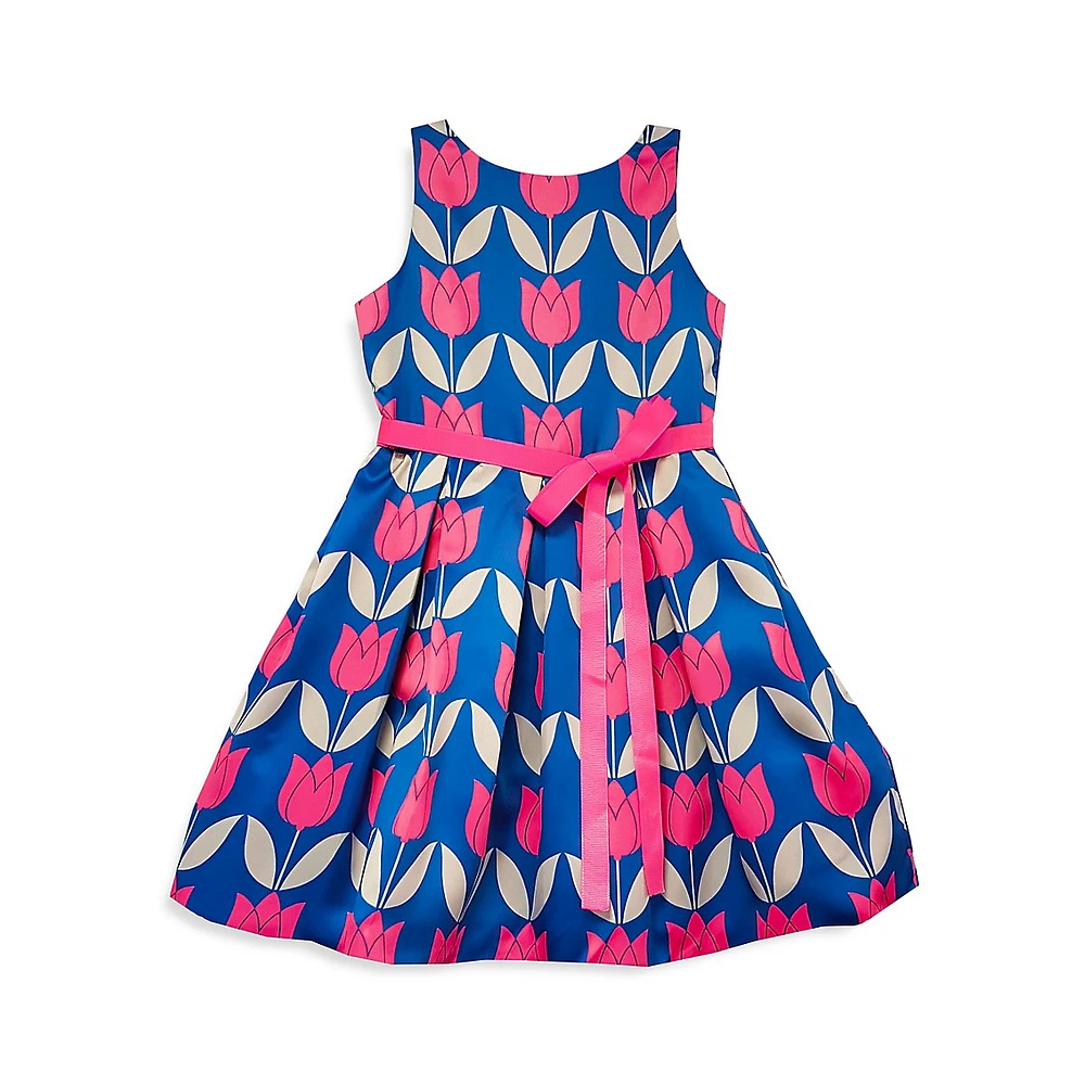 Little Girl's Tulip-Print Sleeveless Ribbon Dress