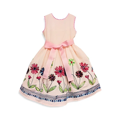 Little Girl's Meadow Embroidery Sleeveless Sash Dress