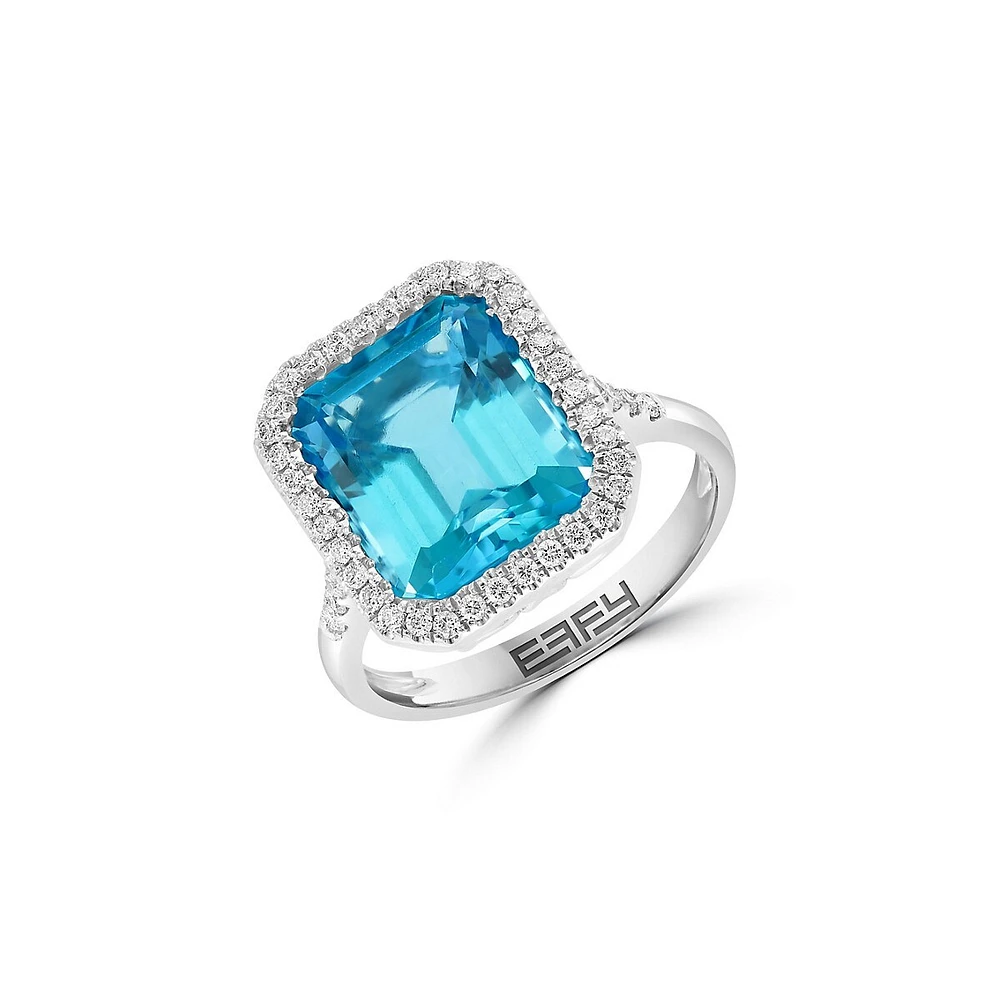 Bague en or blanc 14 ct avec topaze bleue et diamants de 0,32 ct (PT)