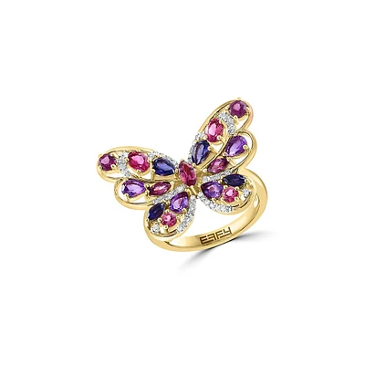 Bague en or jaune avec papillon serti de pierres multicolores et diamants de 0,15 ct (PT)