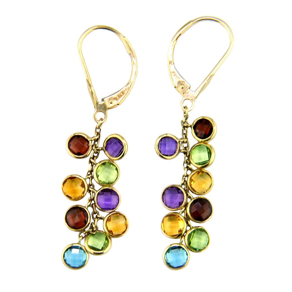 14K Yellow Gold Multi Coloured Gemstone Drop Earrings