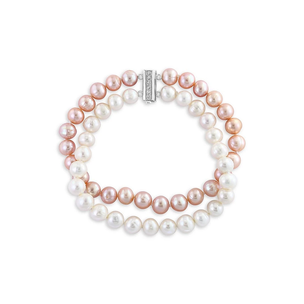 Sterling Silver, 1.3MM Pink & White Freshwater Pearl & White Topaz Two-Tier Bracelet