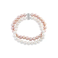 Sterling Silver, 1.3MM Pink & White Freshwater Pearl & White Topaz Two-Tier Bracelet