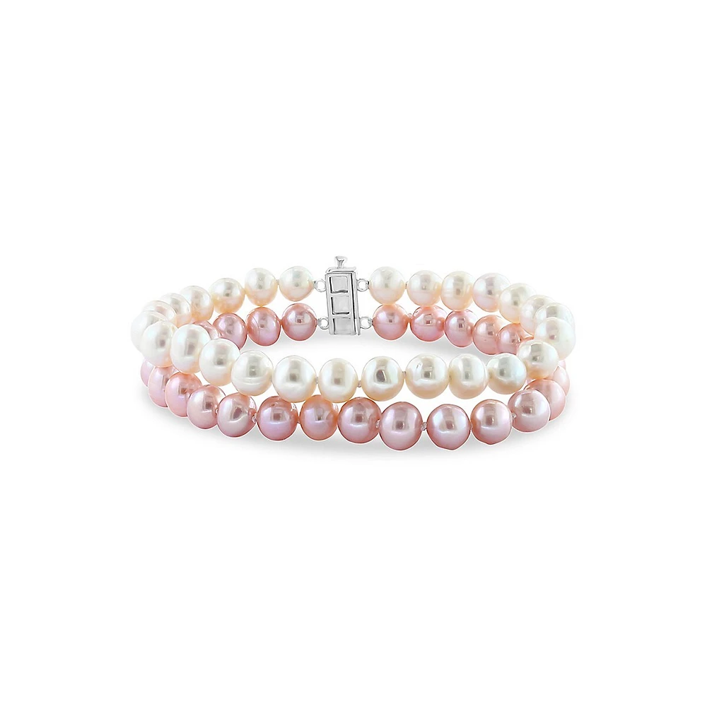 Sterling Silver, 1.3MM Pink & White Freshwater Pearl & White Topaz Two-Tier Bracelet