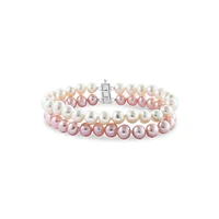 Sterling Silver, 1.3MM Pink & White Freshwater Pearl & White Topaz Two-Tier Bracelet