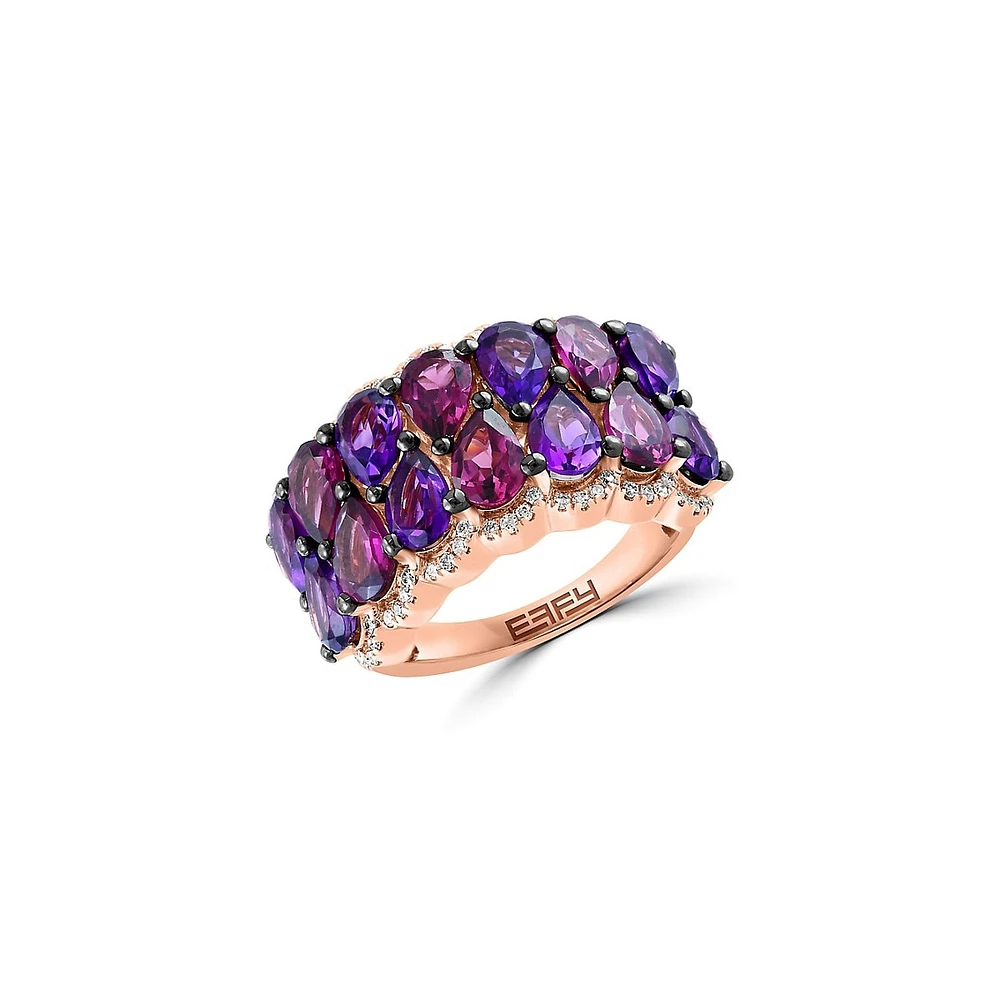 Bague en or rose 14 ct avec améthystes, rhodolites et diamants de 0,22 ct (PT)