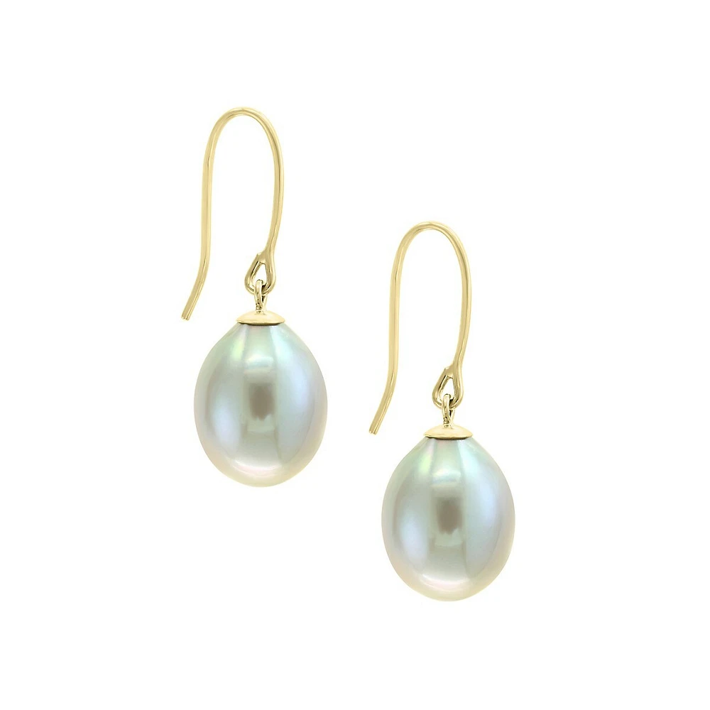 14K Yellow Gold & 10-11MM Grey Freshwater Pearl Hook Drop Earrings