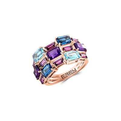 14K Rose Gold, Amethyst, Blue Topaz, London Blue Topaz, & Rhodolite Candy Stone Ring