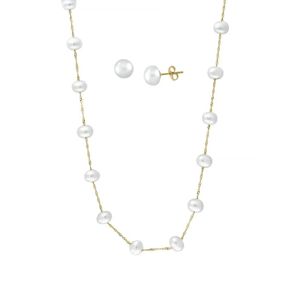 3-Piece 14K Yellow Gold & 5-7MM Pearl Station Necklace & Stud Earrings Set