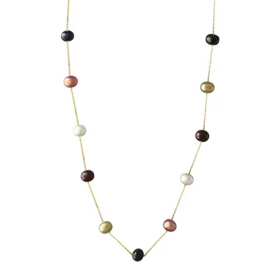 14K Yellow Gold and 5.5mm Dyed Freshwater Pearl Station Necklace