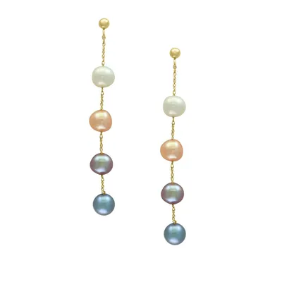14K Yellow Gold and 5.5mm Dyed Freshwater Pearl Linear Drop Earrings