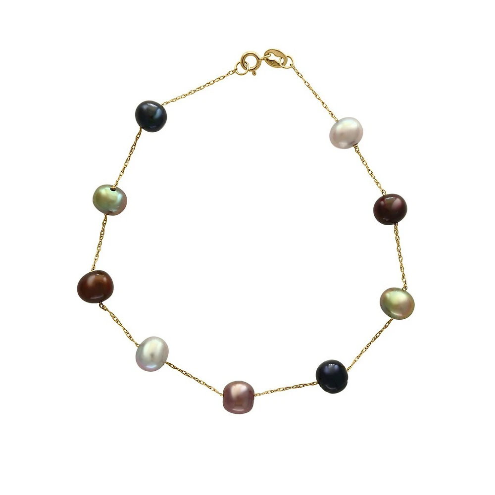 14K Yellow Gold and 5.5mm Dyed Freshwater Pearl Station Bracelet